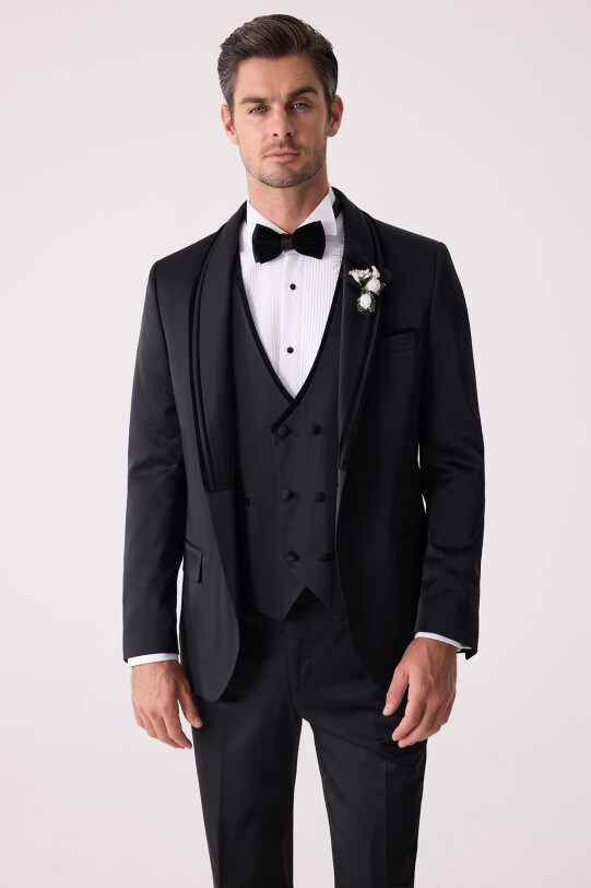 Erkek Siyah Slim Fit Şal Yaka Yelekli Damatlık