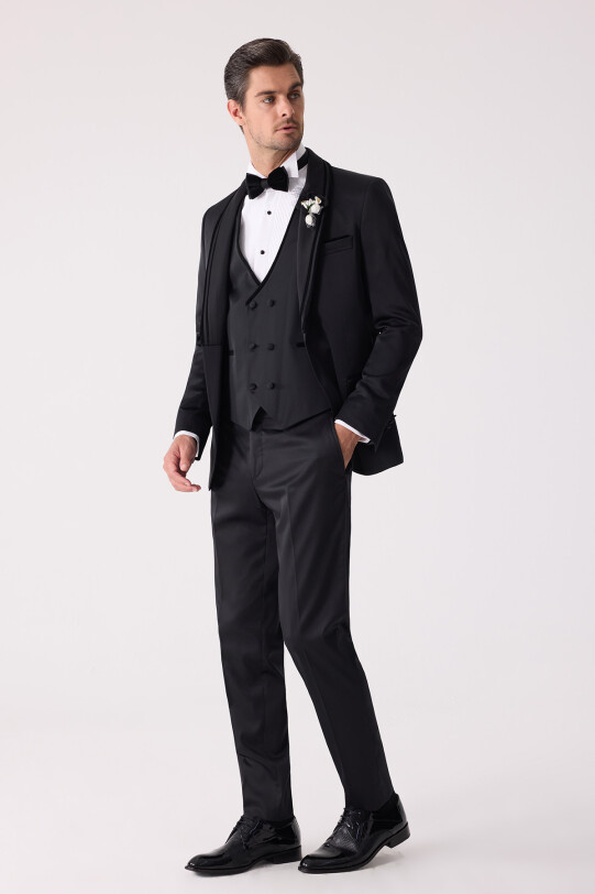 Erkek Siyah Slim Fit Şal Yaka Yelekli Damatlık