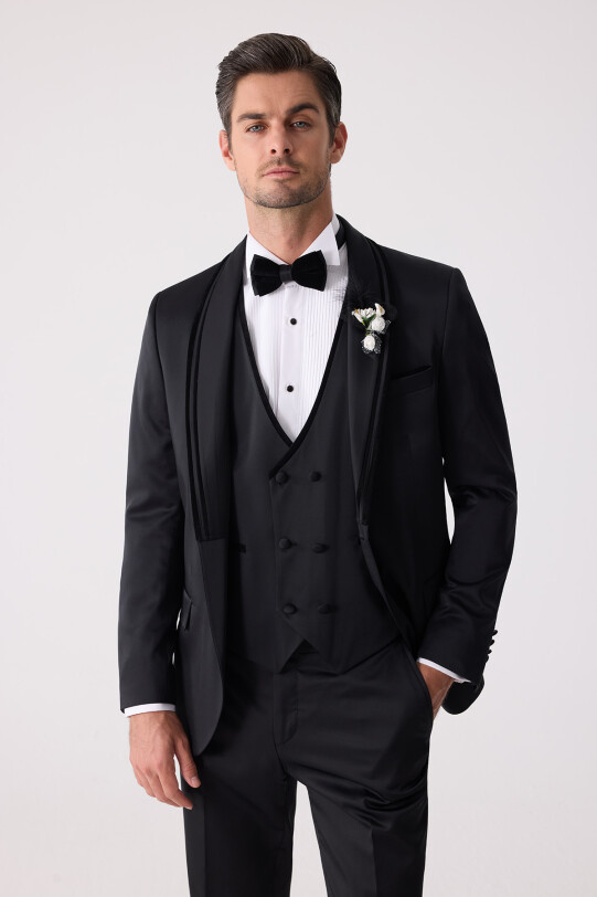 Erkek Siyah Slim Fit Şal Yaka Yelekli Damatlık