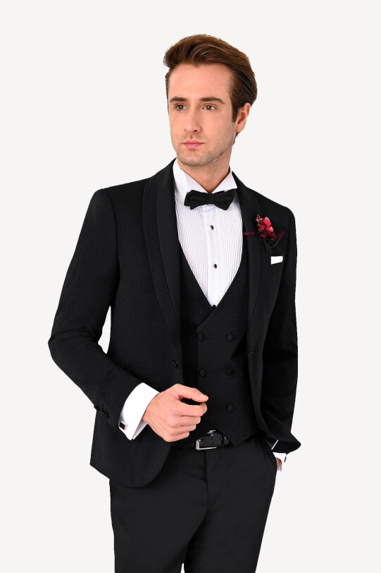 Erkek Siyah Slim Fit Şal Yaka Yelekli Damatlık