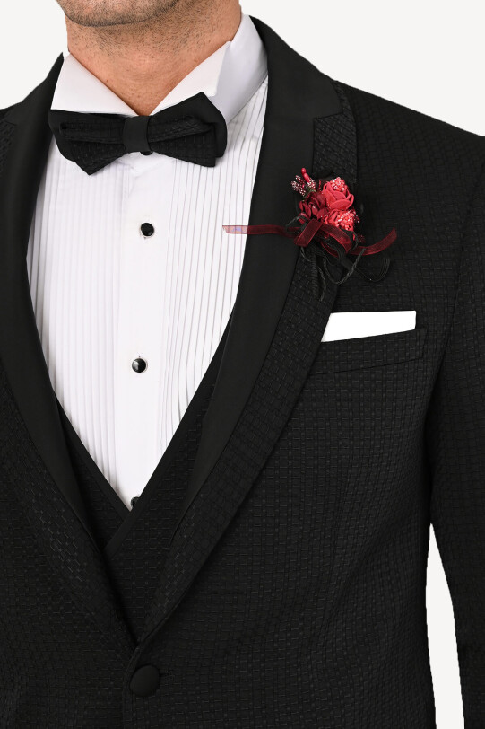Erkek Siyah Slim Fit Şal Yaka Yelekli Damatlık