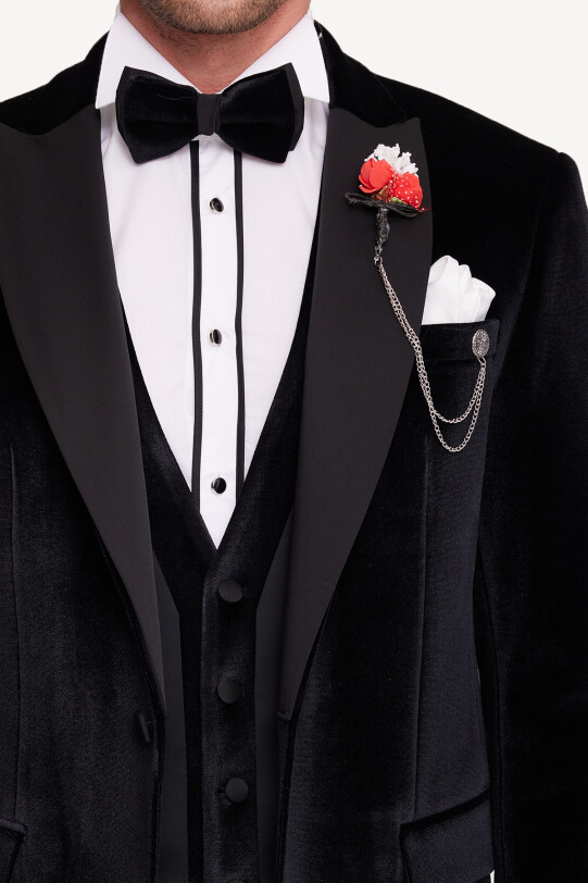 Erkek Siyah Slim Fit Sivri Yaka Kadife Damatlık