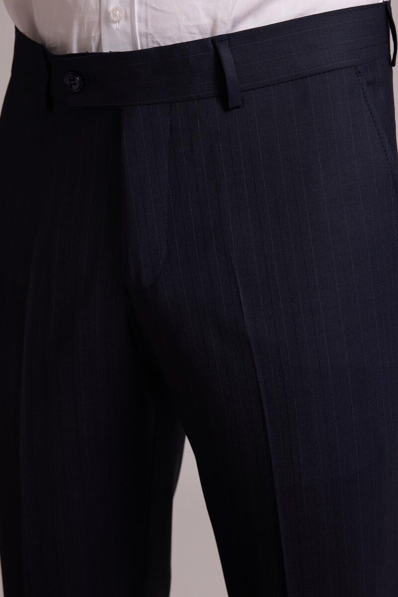 Erkek Siyah Slim Fit Sivri Yaka Yün Yelekli Çizgili Takım Elbise - 10