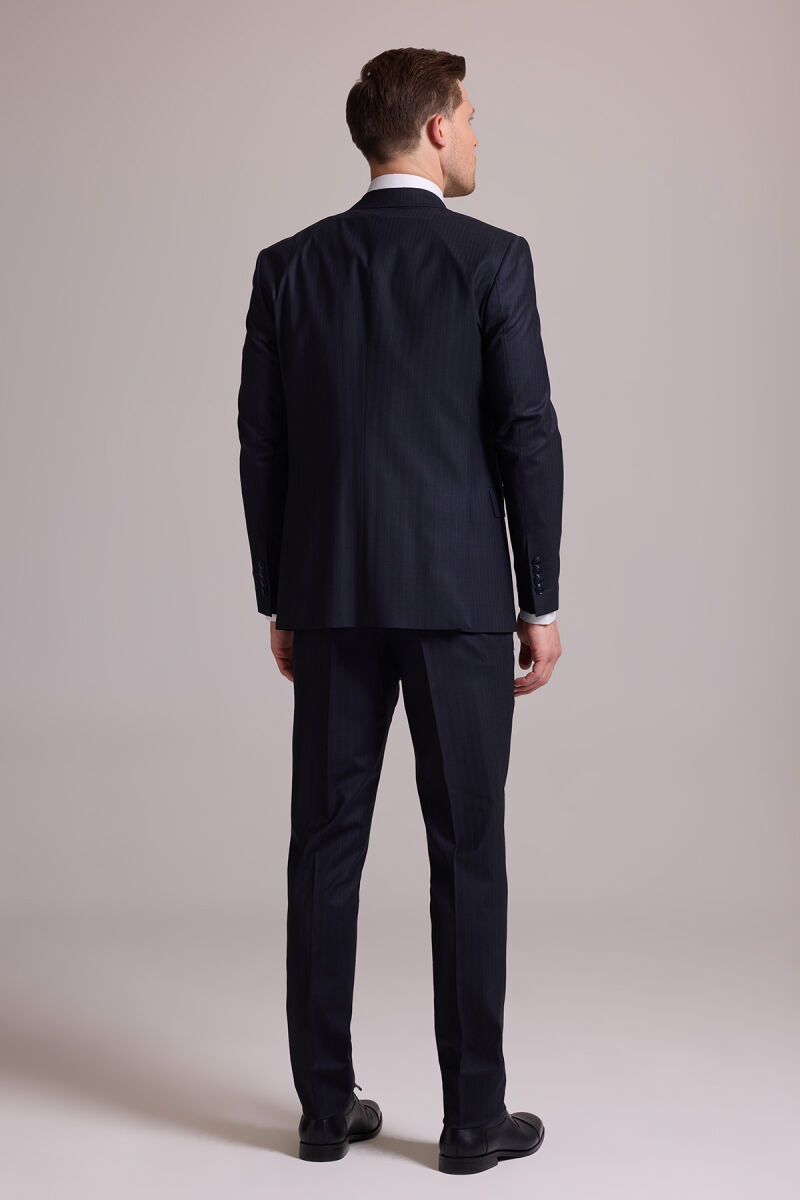 Erkek Siyah Slim Fit Sivri Yaka Yün Yelekli Çizgili Takım Elbise - 12