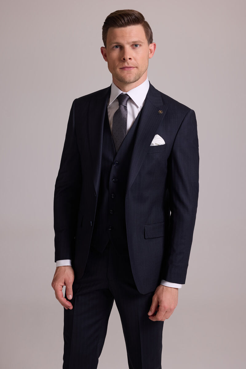 Erkek Siyah Slim Fit Sivri Yaka Yün Yelekli Çizgili Takım Elbise - 5