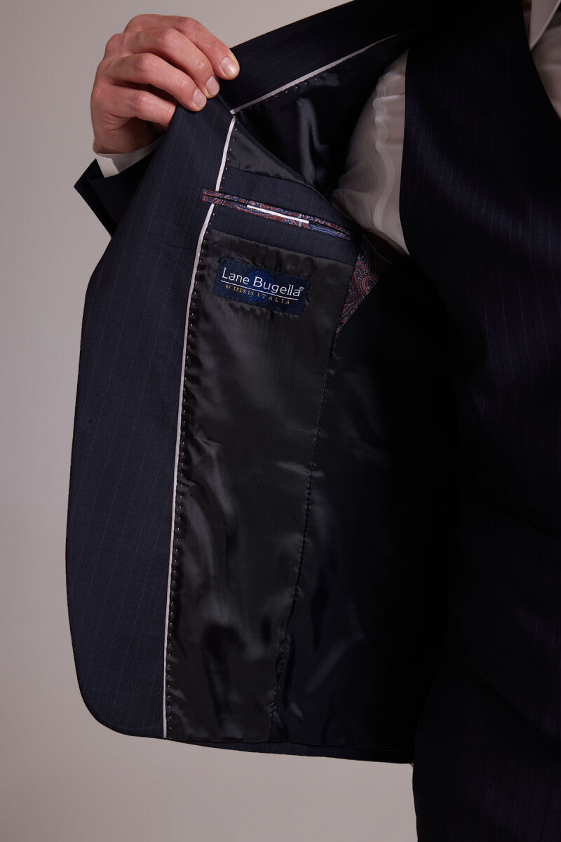 Erkek Siyah Slim Fit Sivri Yaka Yün Yelekli Çizgili Takım Elbise - 8
