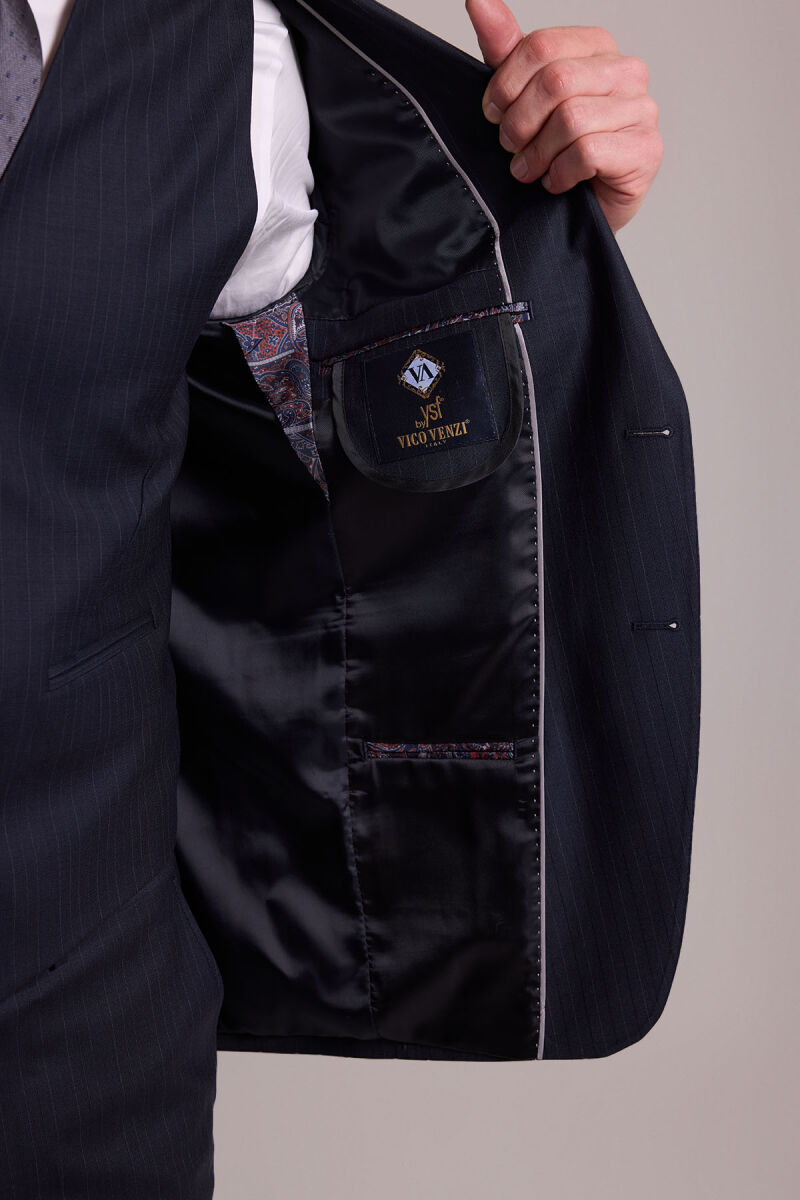 Erkek Siyah Slim Fit Sivri Yaka Yün Yelekli Çizgili Takım Elbise - 9