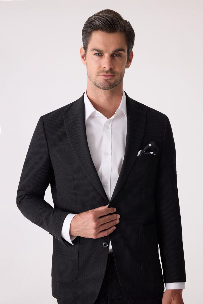 Erkek Siyah Slim Fit Torba Cep Çizgili Jogger Pantolonlu Sivri Yaka Takım Elbise - 4