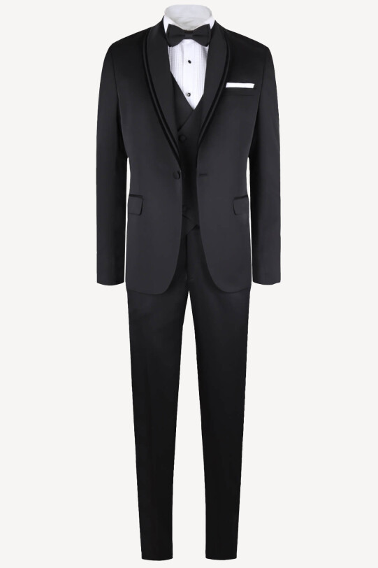 Erkek Siyah Slim Fit Yelekli Şal Yaka Damatlık