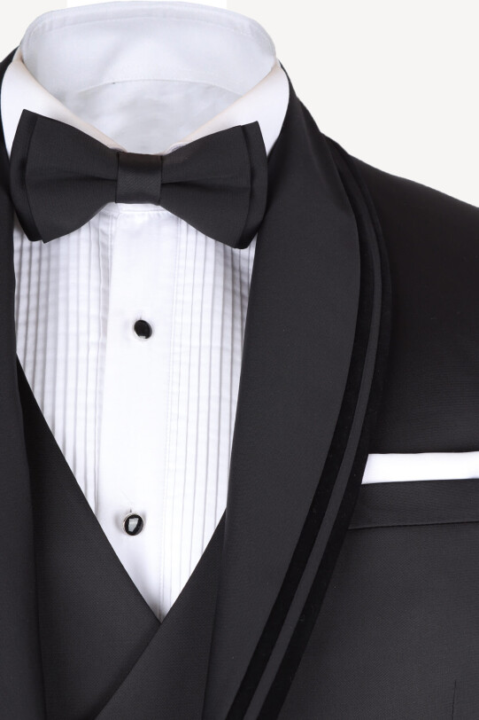 Erkek Siyah Slim Fit Yelekli Şal Yaka Damatlık