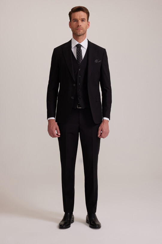 Erkek Siyah Slim Fit Yelekli Sivri Yaka Takım Elbise