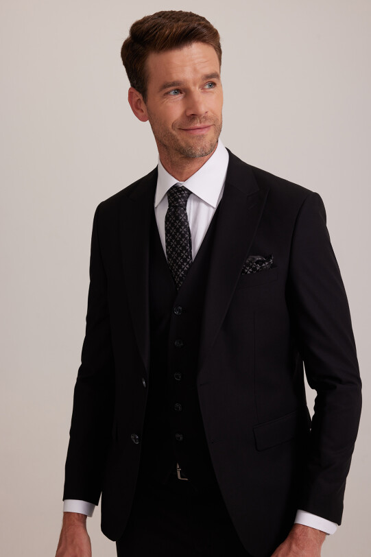 Erkek Siyah Slim Fit Yelekli Sivri Yaka Takım Elbise