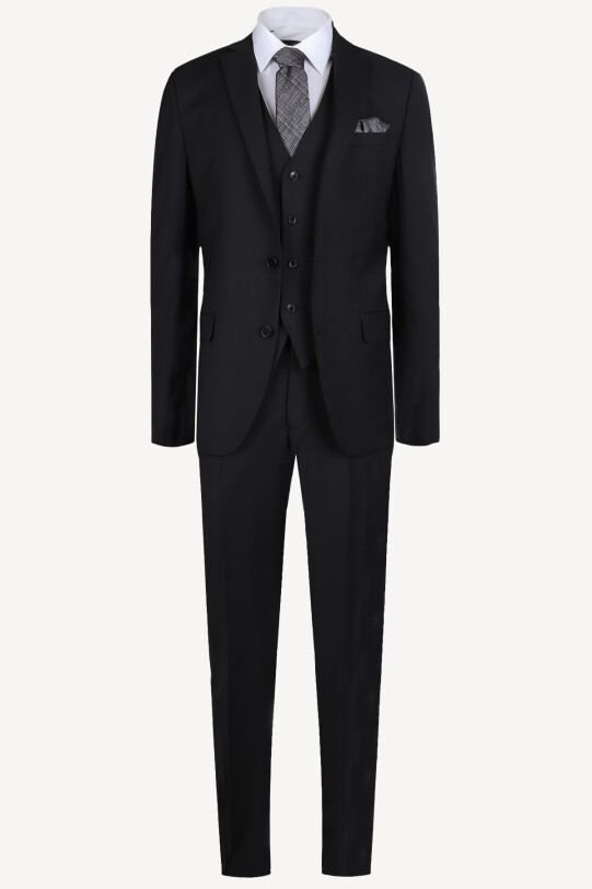 Erkek Siyah Slim Fit Yelekli Takım Elbise