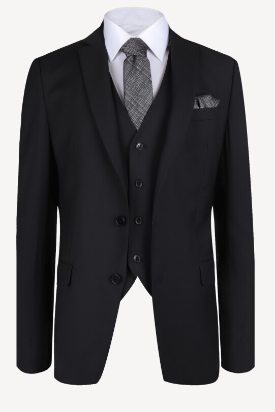 Erkek Siyah Slim Fit Yelekli Takım Elbise