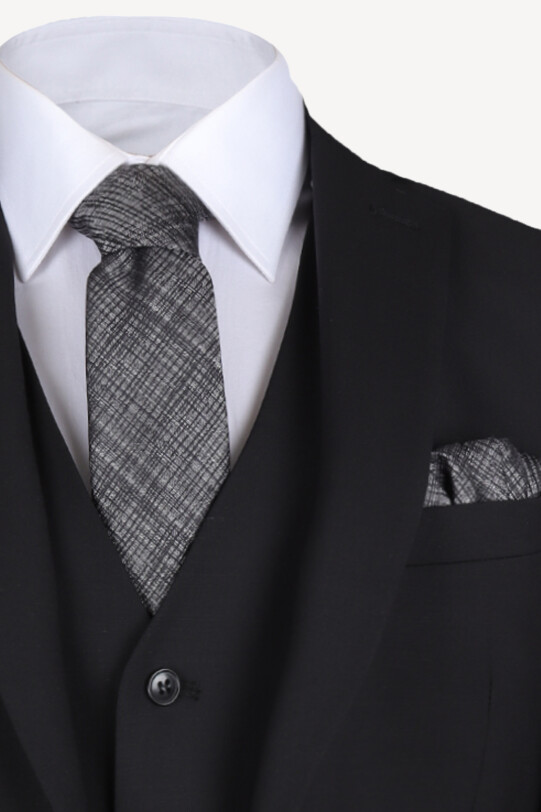 Erkek Siyah Slim Fit Yelekli Takım Elbise