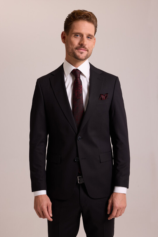 Erkek Siyah Slim Fit Yünlü Likralı Mono Yaka Takım Elbise - YSF