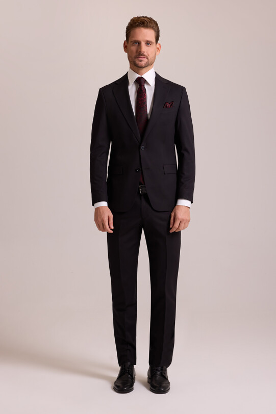 Erkek Siyah Slim Fit Yünlü Likralı Mono Yaka Takım Elbise