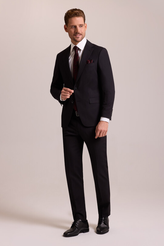Erkek Siyah Slim Fit Yünlü Likralı Mono Yaka Takım Elbise
