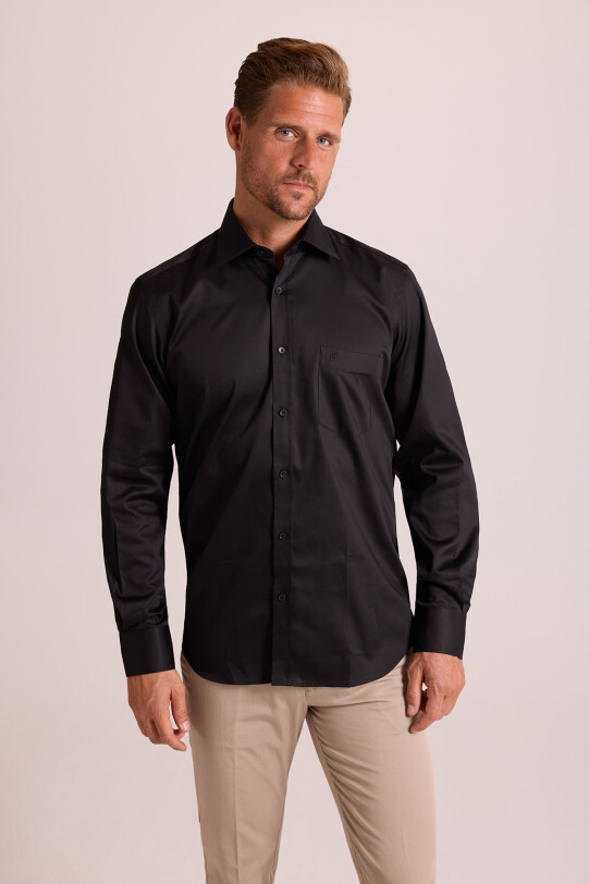 Erkek Siyah Uzun Kol Klasik Saten Gömlek