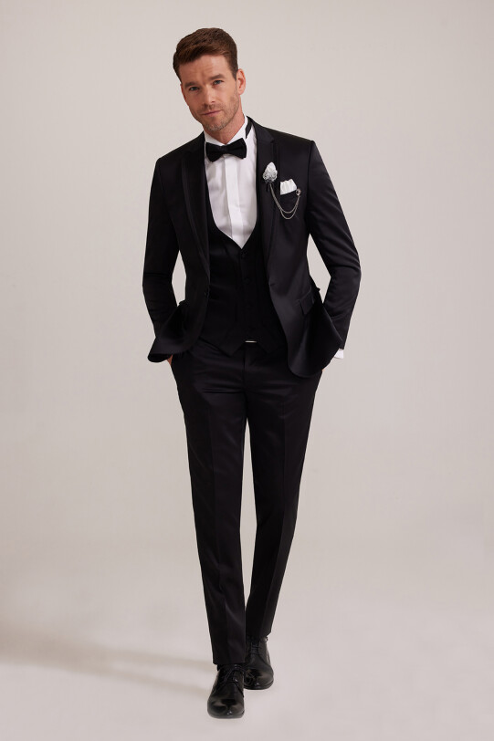 Erkek Siyah Yelekli Kırlangıç Yaka Slim Fit Damatlık