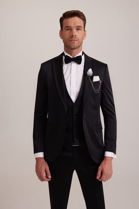 Erkek Siyah Yelekli Kırlangıç Yaka Slim Fit Damatlık