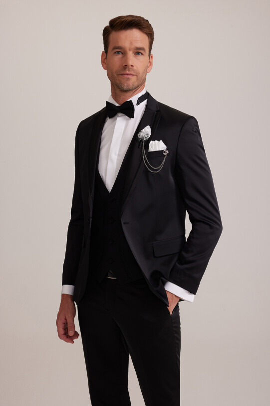 Erkek Siyah Yelekli Kırlangıç Yaka Slim Fit Damatlık