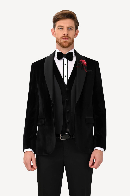 Erkek Siyah Yelekli Şal Yaka Slim Fit Damatlık