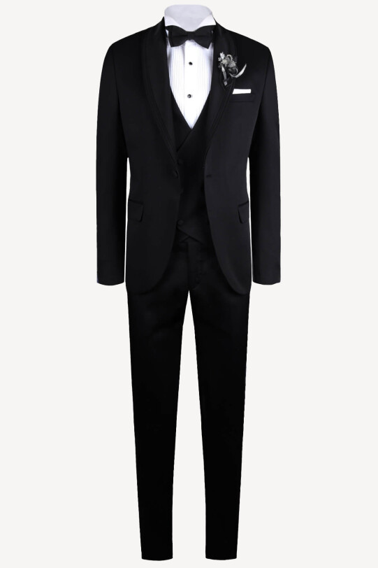 Erkek Siyah Yelekli Şal Yaka Slim Fit Damatlık