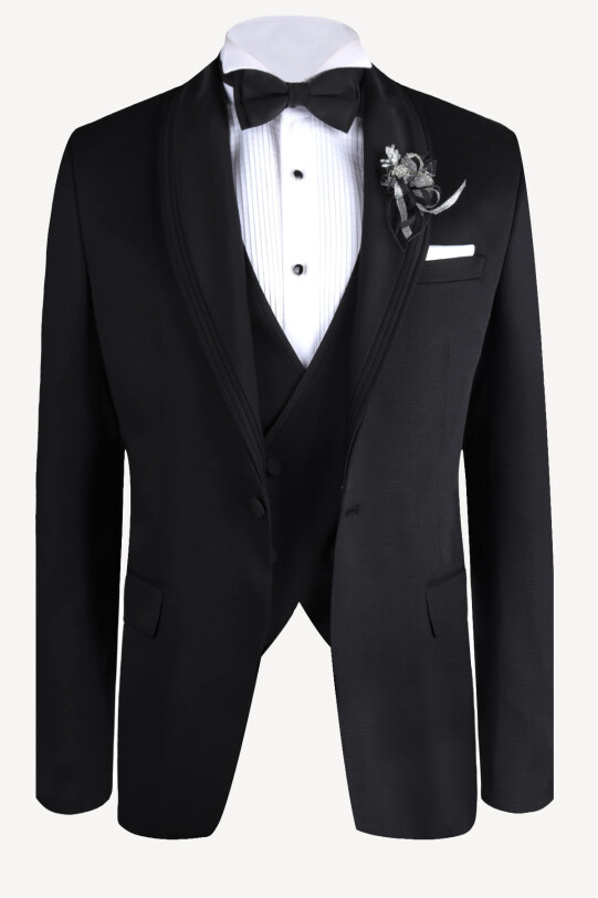 Erkek Siyah Yelekli Şal Yaka Slim Fit Damatlık