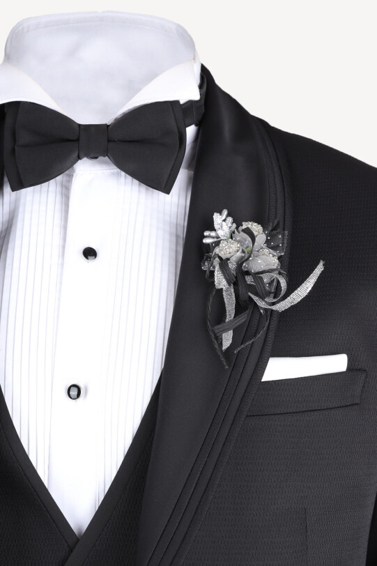 Erkek Siyah Yelekli Şal Yaka Slim Fit Damatlık