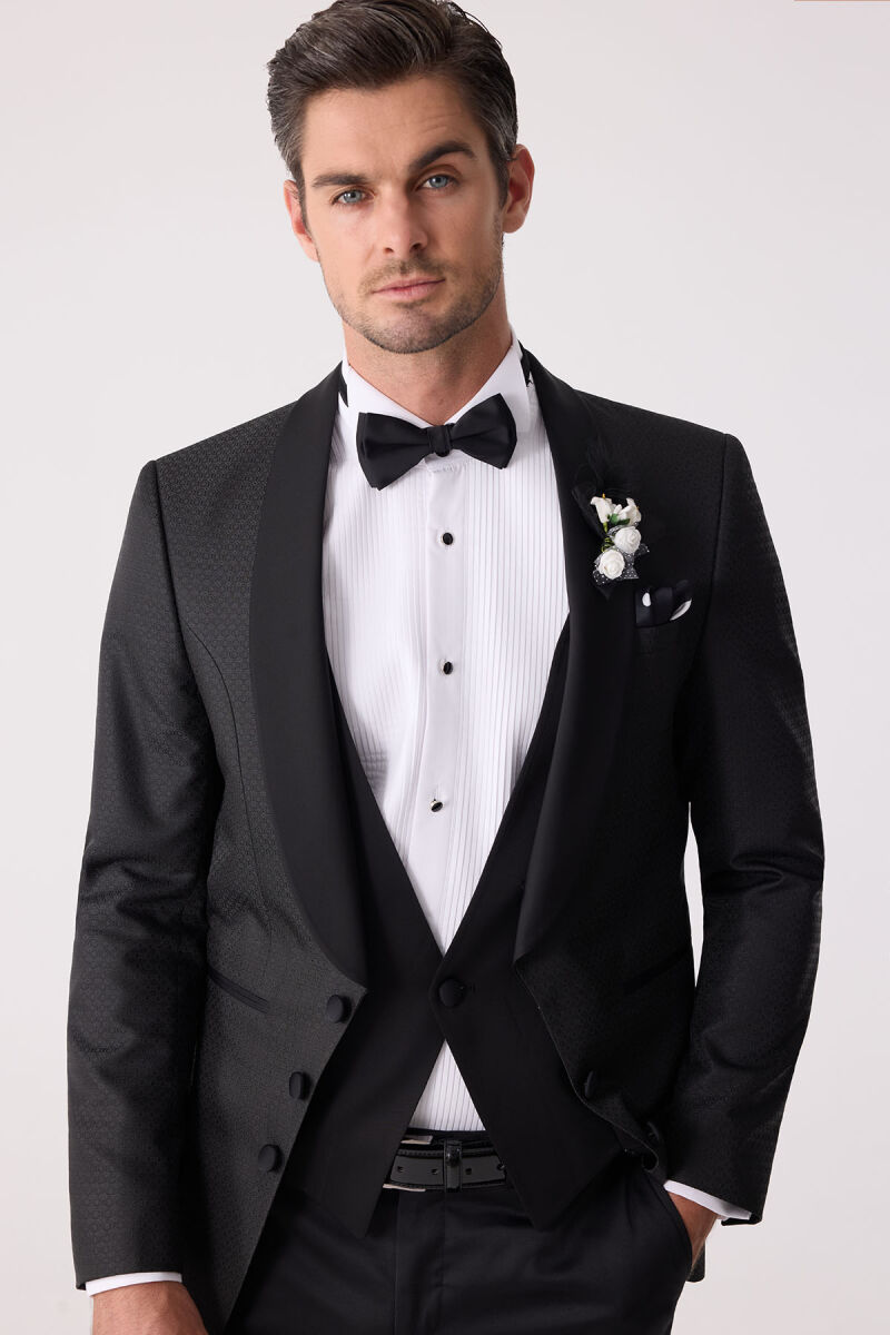 Erkek Siyah Yelekli Şal Yaka Slim Fit Damatlık - 1