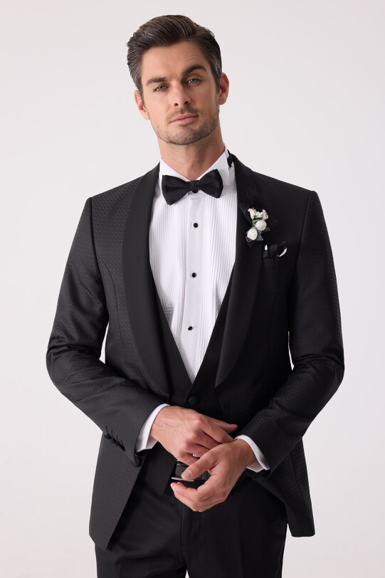 Erkek Siyah Yelekli Şal Yaka Slim Fit Damatlık