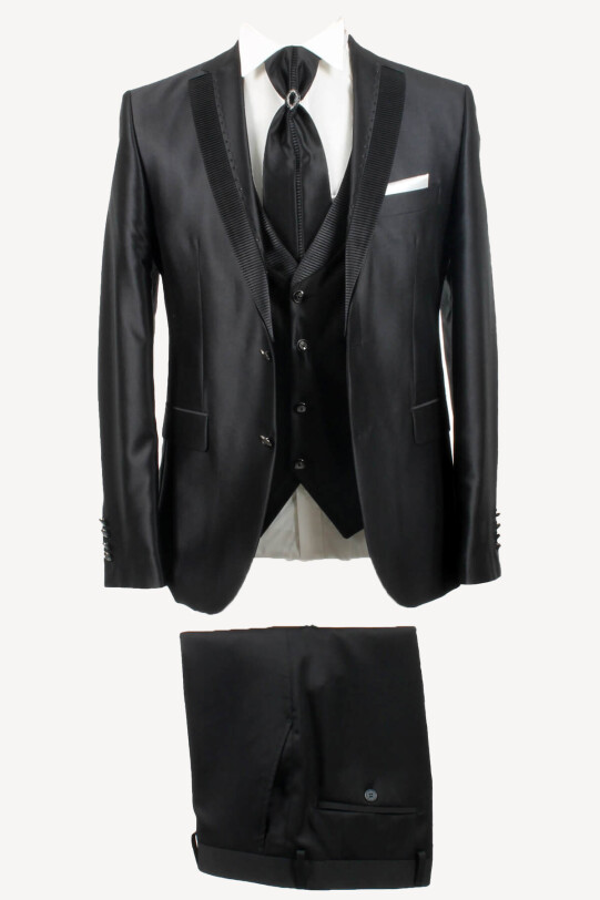 Erkek Siyah Yelekli Şal Yaka Slim Fit Damatlık