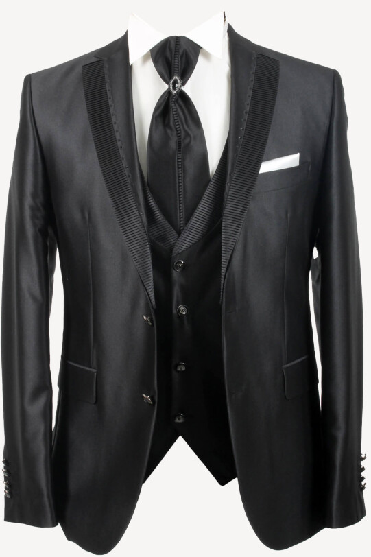 Erkek Siyah Yelekli Şal Yaka Slim Fit Damatlık