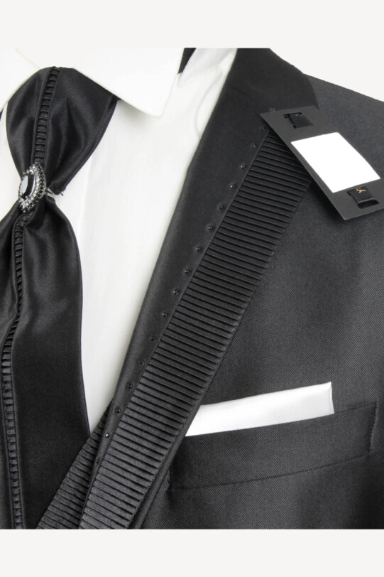 Erkek Siyah Yelekli Şal Yaka Slim Fit Damatlık