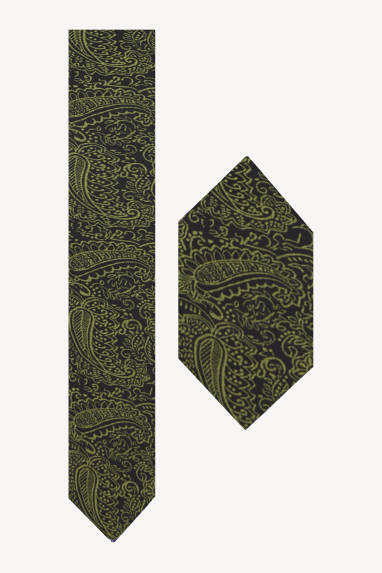 Erkek Siyah Yeşil Karışık Desenli Kravat Mendil Set - YSF