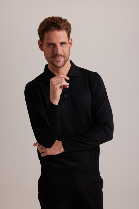 Erkek Siyah Yünlü Klasik Polo Yaka Triko