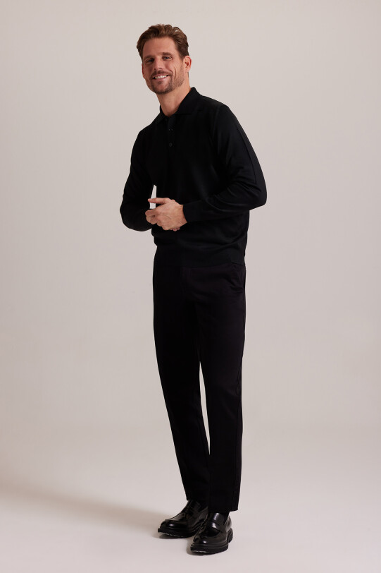 Erkek Siyah Yünlü Klasik Polo Yaka Triko