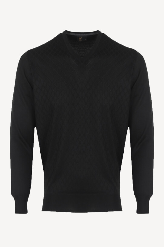Erkek Siyah Yünlü Klasik V Yaka Desenli Triko