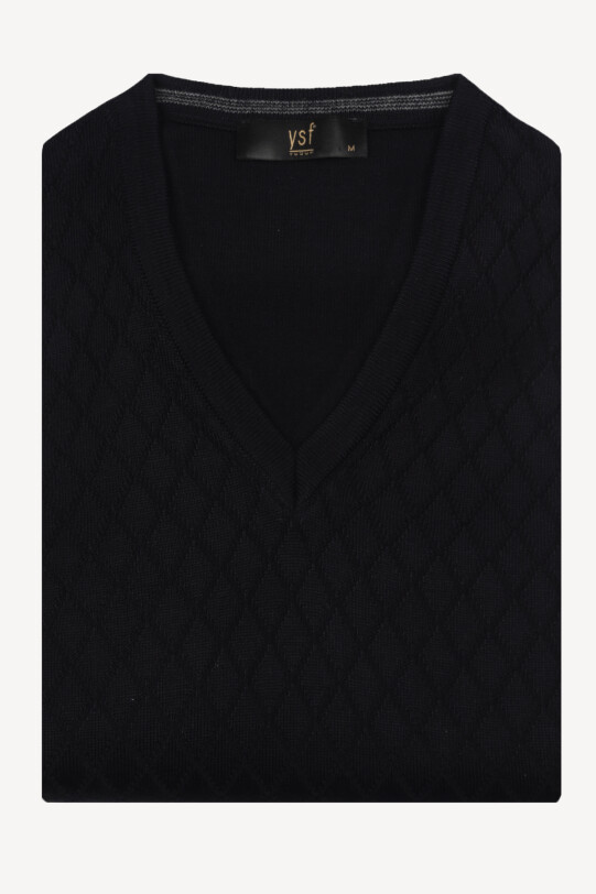Erkek Siyah Yünlü Klasik V Yaka Desenli Triko