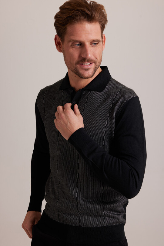 Erkek Siyah Yünlü Polo Yaka Klasik Desenli