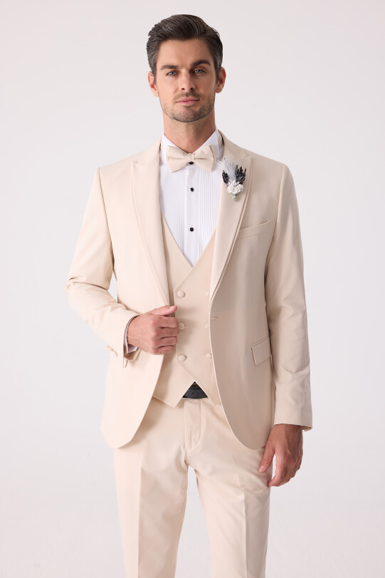 Erkek Slim Fit Sivri Yaka Yelekli Damatlık