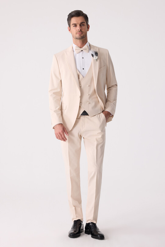 Erkek Slim Fit Sivri Yaka Yelekli Damatlık