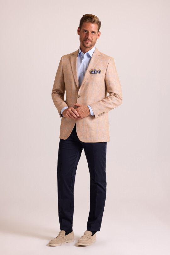 Erkek Somon Ekose Keten Klasik Spor Ceket