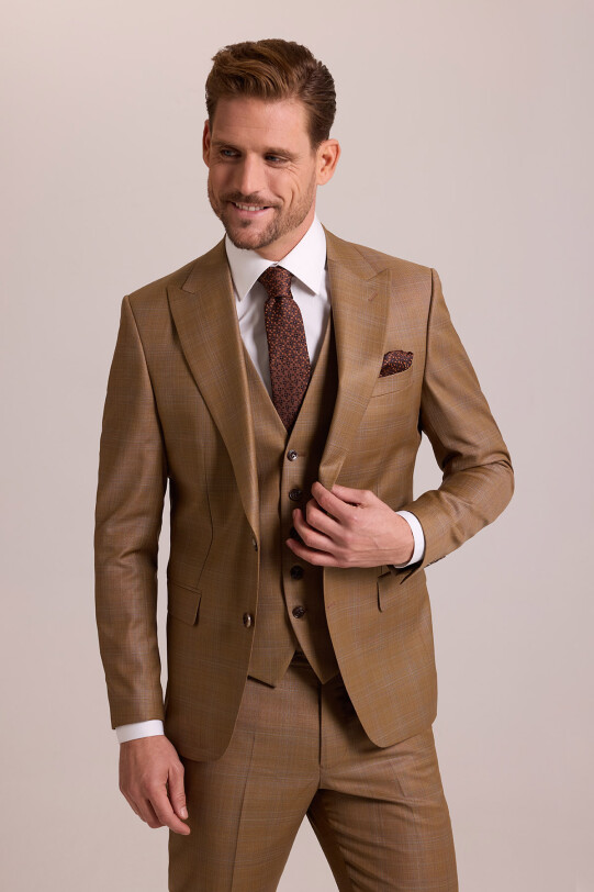 Erkek Taba Slim Fit Sivri Yaka Yelekli Yün Takım Elbise