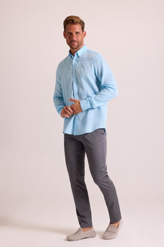 Erkek Turkuaz Düz Regular Fit Keten Gömlek