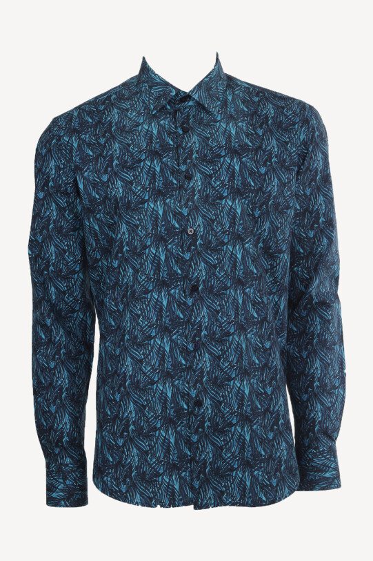 Erkek Turkuaz Slim Fit Desenli Uzun Kollu Gömlek