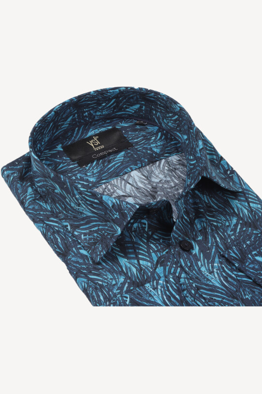 Erkek Turkuaz Slim Fit Desenli Uzun Kollu Gömlek