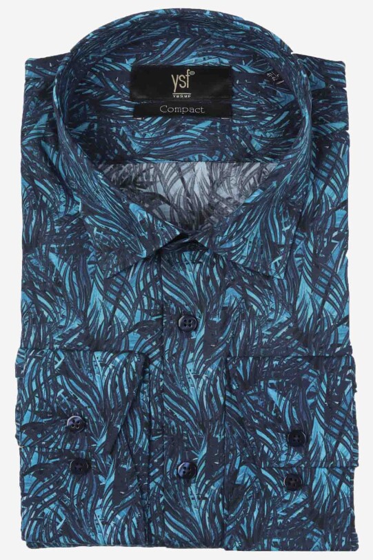 Erkek Turkuaz Slim Fit Desenli Uzun Kollu Gömlek