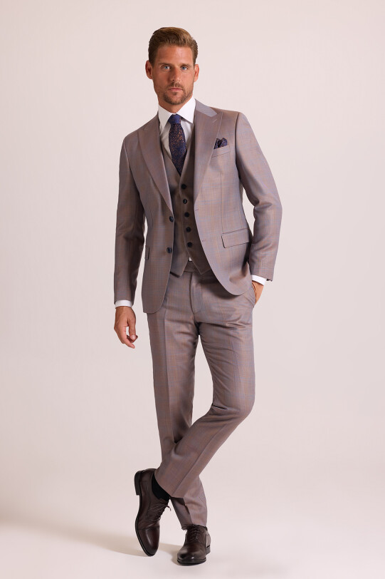 Erkek Turuncu Slim Fit Sivri Yaka Yelekli Yün Takım Elbise